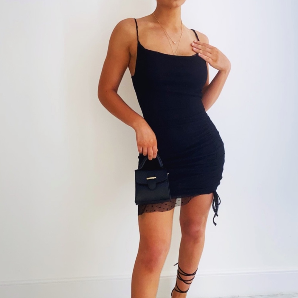 Black Dobby mesh cowl neck ruched bodycon dress